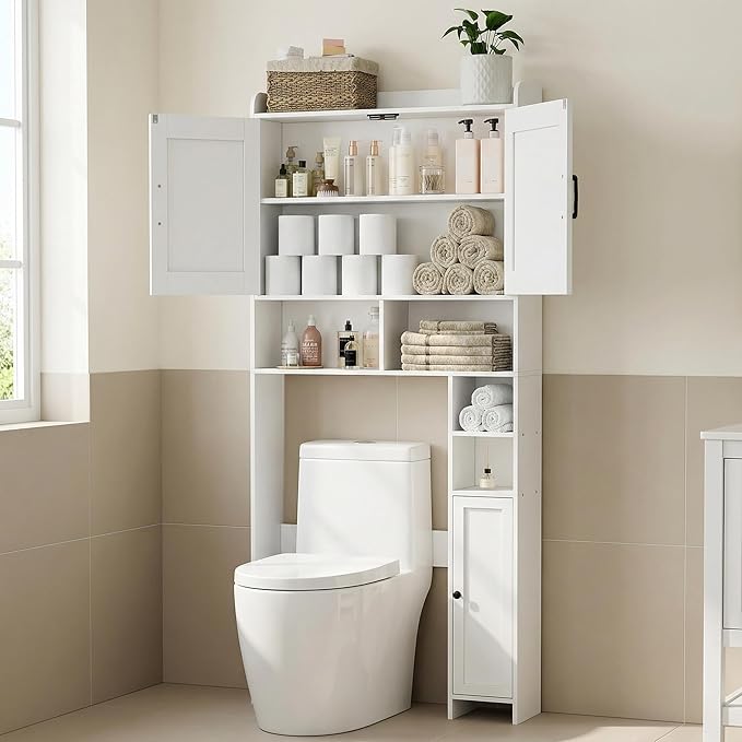 Homhedy Over The Toilet Storage Cabinet with 2 Barn Door and Toilet Paper Holder Stand, FreeStanding Toilet Shelf Space Saver, for Bathroom, Restroom, Laundry, White