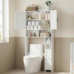 Homhedy Over The Toilet Storage Cabinet with 2 Barn Door and Toilet Paper Holder Stand, FreeStanding Toilet Shelf Space Saver, for Bathroom, Restroom, Laundry, White