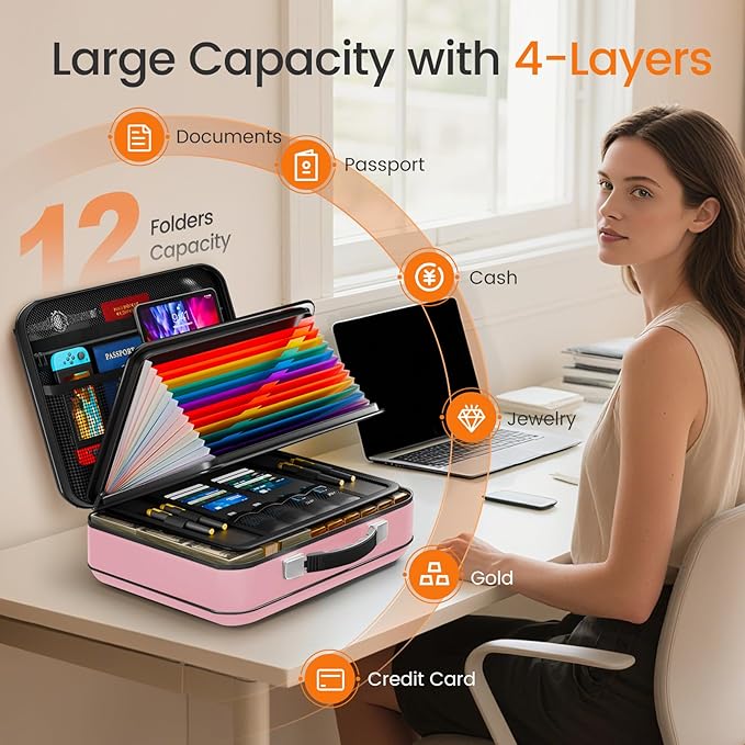 Fireproof Document Box with Lock, 5200°F Fireproof Water Resistant Hard Case File Organizer Safe Box for Important Documents, Certificates, Laptop, Passports (Pink)