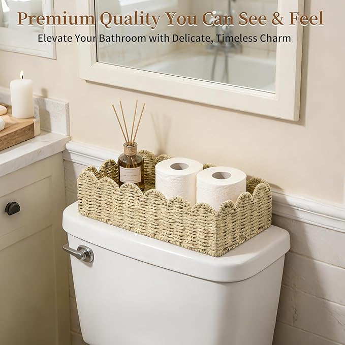 15" x 7.1" x 4" Scalloped Edge Paper Rope Basket, Toilet Paper Storage & Cozy Living Room Decor Basket for Over Toilet Shelf, End Table, Beige