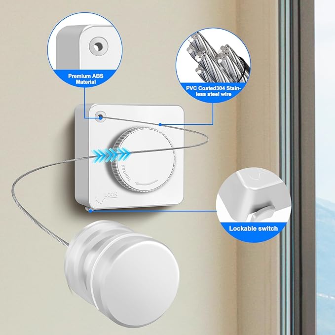 15.7Ft Retractable Clothesline Indoor is Also an Anti-sag Retractable Clothesline Outdoor,Stainless Steel Wire Laundry line Retractable for Drying Clothes ，with 12 Clip (White)