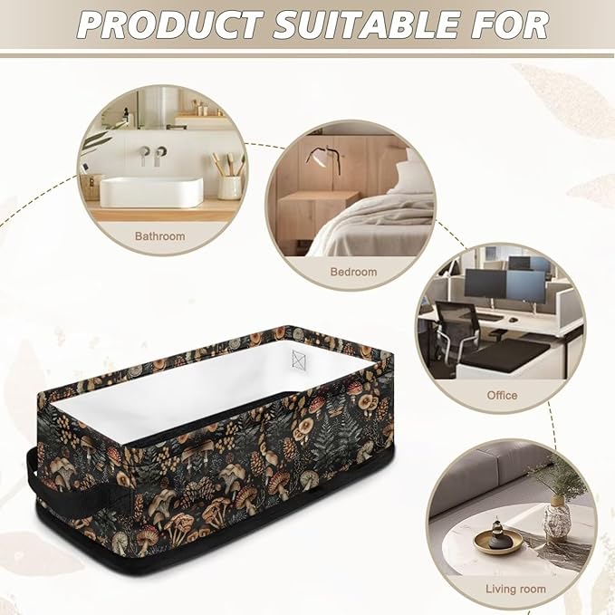 Storage Bins for Organizing Toiletries Foldable Organizer Rectangular Storage Basket for Bathroom Bedroom Office Home Accessories and Decor, Mushroom Leaf Black