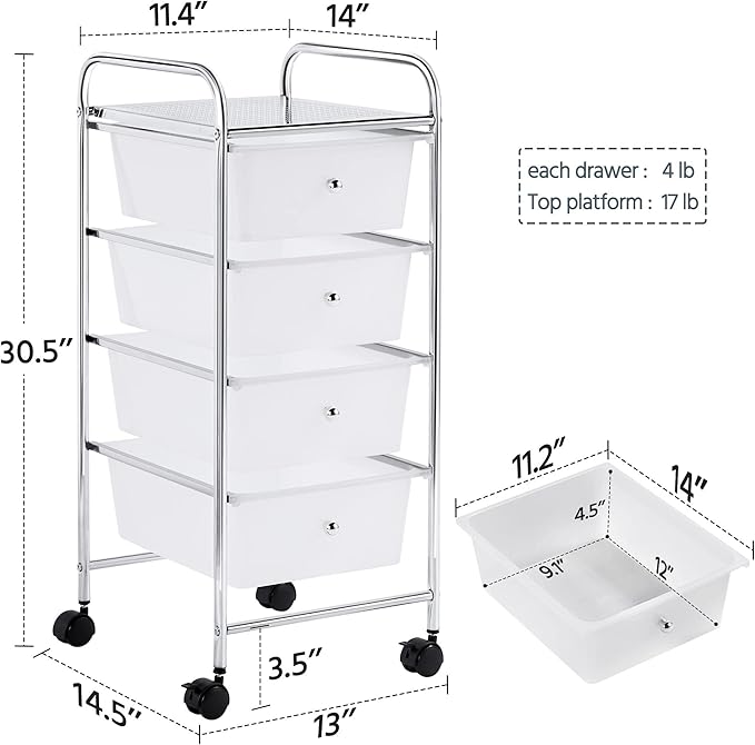 Yaheetech 4 Drawers Cart Rolling Plastic Storage Cart and Organizer Metal Frame Drawers Plastic Trolley Organizer on Wheels, White