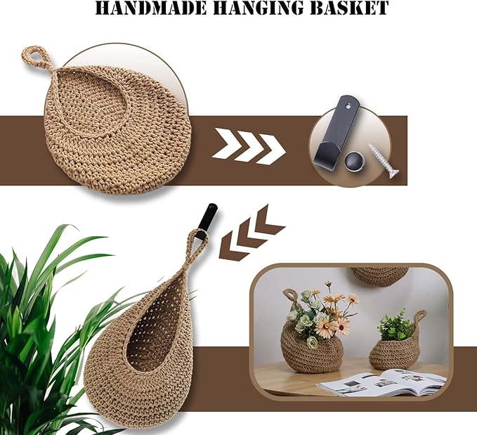 Hanging Fruit Large Basket Set of 3, Boho Wall Hanging Storage Basket for Organizing, Handmade Teardrop Hammock Holder for Fruit Vegetable in Home & Restaurant Kitchen with Hooks,Light Linen