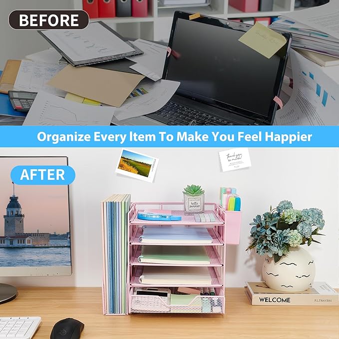 Desk Organizer, 5-Tier Paper Letter Tray Organizer with File Holder, Drawer and Pen Holder, Desktop Organizer for Office Supplies, Pink