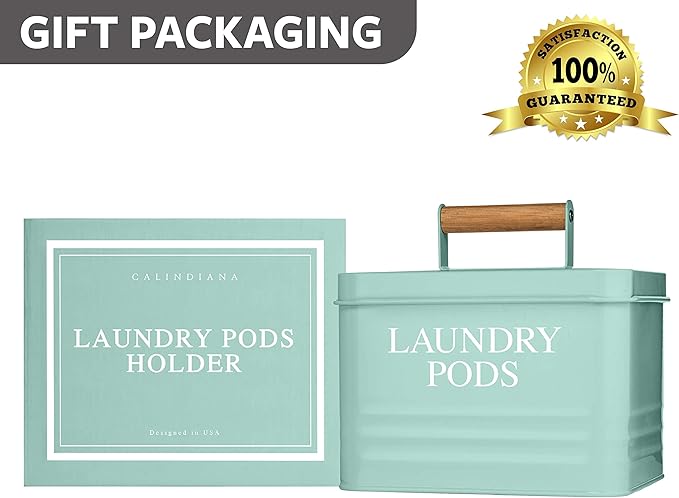Calindiana Modern Farmhouse Metal Laundry Pods Holder Container with Lid for Laundry Room Decor and Accessories and Space Saving Organization and Storage, Holds 81 Laundry Pods, Mint