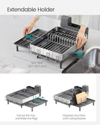 SONGMICS Large Dish Drying Rack, Expandable Dish Dryer for Kitchen Counter, Stainless Steel Dish Rack with Rotatable Spout, Utensil, Cup, Glass, Cutting Board, Pan Holders, Silver and Gray UKCS037G01