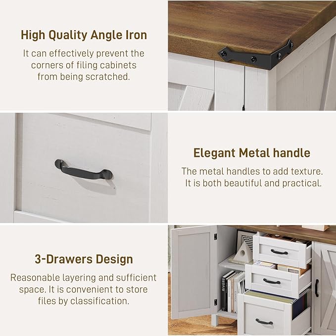 3 Drawer File Cabinet, Farmhouse Lateral Filing Cabinet with Doors Fits Letter or A4 Size, Wooden Printer Stand with Open Storage Adjustable Shelf for Home Office, Rustic White