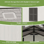 Patiowell 10 x 14 FT Outdoor Storage Shed, Plastic Shed with Floor and Skylight, Resin Storage Shed with Four-Window and Lockable Door for Garden, Patio, Backyard, Beige