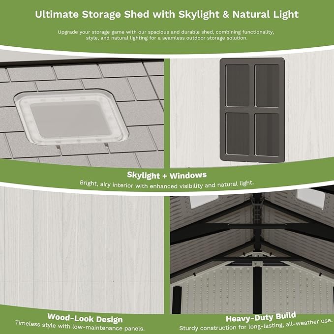 Patiowell 10 x 14 FT Outdoor Storage Shed, Plastic Shed with Floor and Skylight, Resin Storage Shed with Four-Window and Lockable Door for Garden, Patio, Backyard, Beige