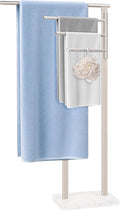 Standing Towel Rack, 304 Stainless Steel Towel Holder Stand with Weighted Marble Base, Floor Bath Towel Racks for Bathroom, Pool, Outdoor with 3 Swivel Towel Arms, Brushed Nickel