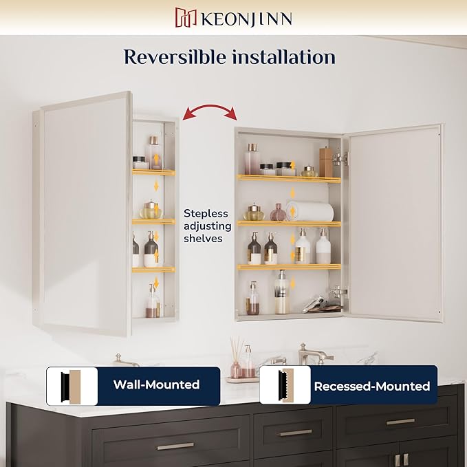 Keonjinn Medicine Cabinet Mirror 20" x 26", Assembly Needed, Brushed Nickel Bathroom Medicine Cabinet with Mirror, Beveled Framed, Surface Wall-Mounted or Recessed, Shelves Adjustable