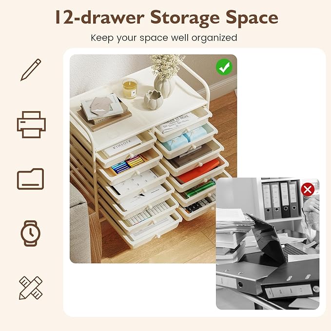 GOFLAME 12-Drawer Rolling Storage Cart, Multifunctional Art Craft Organizer Cart, Mobile Utility Storage Cart with Removable Drawers & Lockable Wheels, Craft Cart for Home Office School, White