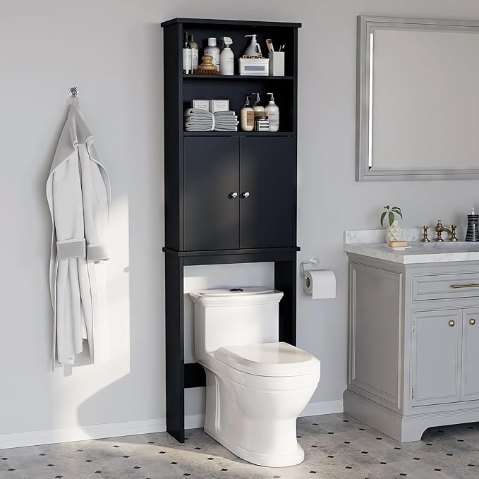 Meilocar Over The Toilet Storage Cabinet for Bathroom, Storage Organizer Over Toilet, Space Saver W/Adjustable Shelf & Open Shelves, 75in, Black