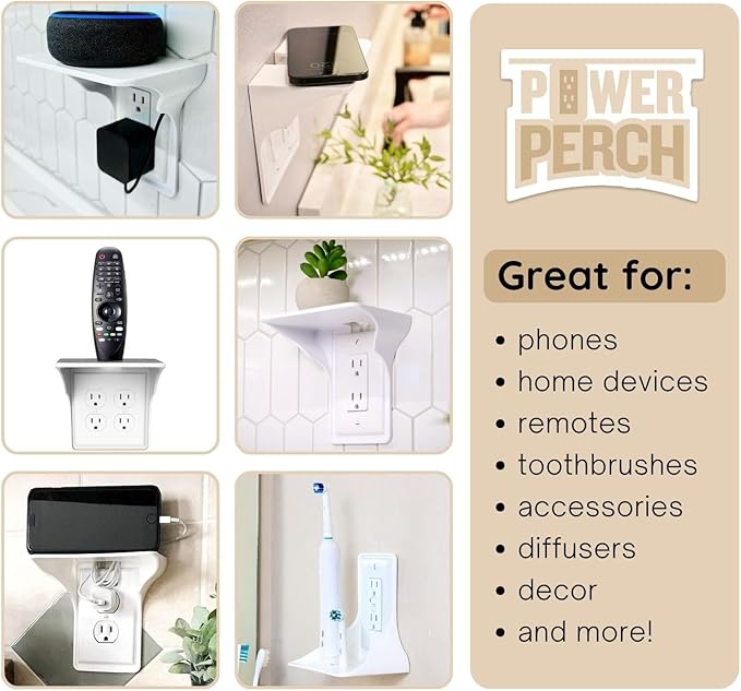 Power Perch Horizontal Wall Outlet Shelf with Cord Storage Strap - Declutter & Reclaim Bathroom Counter Space - Echo Dot Stand, Apple Homepod Shelf, Toothbrush Holder for Bathroom- White, 2-Pack
