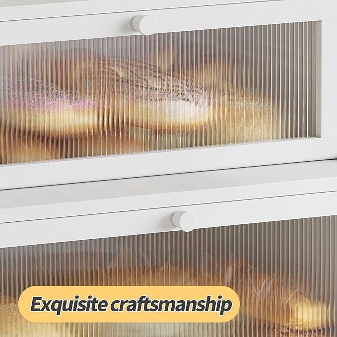 Double Layer Bamboo Bread Box for Kitchen Counter,Bread Holder,Countertop Bread Storage with Window (White)