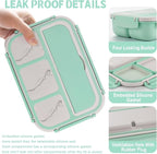 Bento Box Adult Lunch Box, Lunch Containers for Kids Girls Boys with 4 Compartments, Lunchable Food Container with Utensils, Sauce Jar, Muffin Liners, 40 Oz/5 Cup, Seafoam Green