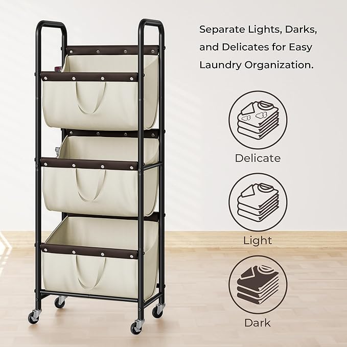 GRANNY SAYS 3 Tier Laundry Sorter, Laundry Basket with Wheels, Laundry Room Organization and Storage, 3 Section Rolling Laundry Cart for Dorm, Bathroom, Bedroom, Closet, Beige