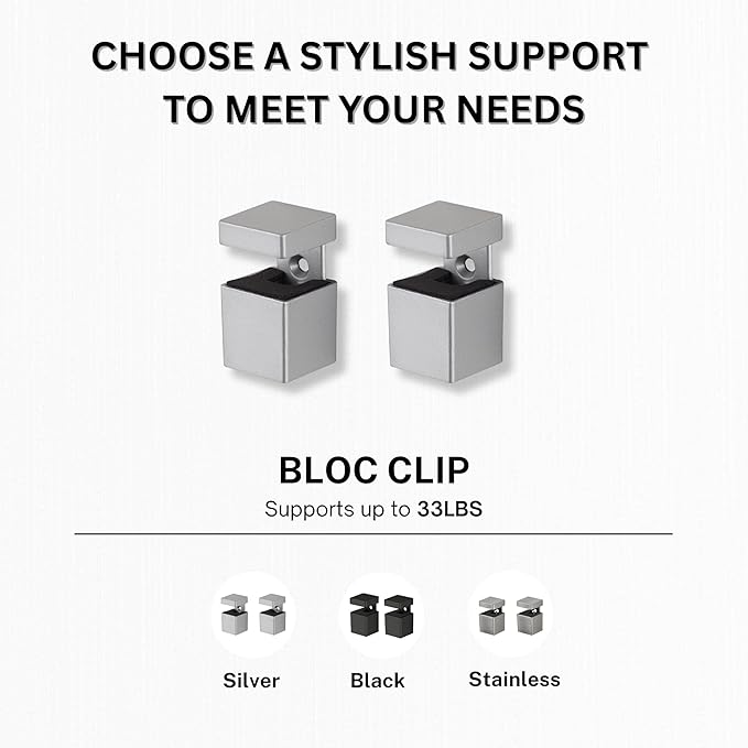 Glass Shelves - Tempered Safety Glass Shelves for Bathroom, Choose Over 20 Shelf Brackets and Multiple Shelf Sizes - Bloc Style - 23.6 x 7.9 in - Silver Clip