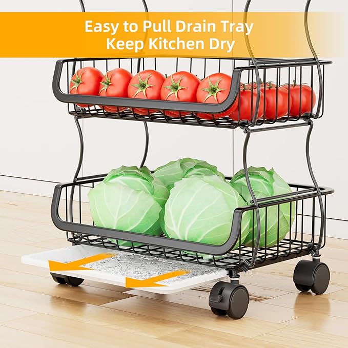 Simple Trending 4 Tier Rolling Cart, Stackable Fruit Vegetable Basket with Wheels and 2 Hanging Basket, Kitchen Storage Metal Wire Basket Stand for Vegetable Snacks, Black