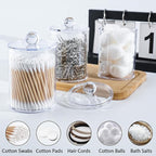 2 Pack Qtip Holder,Canister Apothecary Jar Set, Bathroom Jars with Lids Set for Cotton Swabs, Balls, Pads, Floss Picks,10oz-12oz Plastic Canisters Restroom Bedroom Vanity Organizer(Clear)