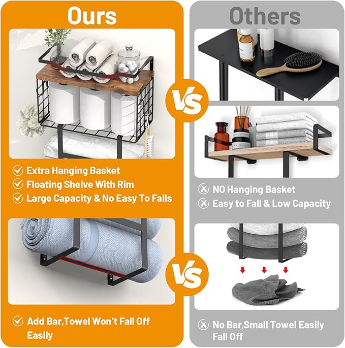 Towel Racks for Bathroom, 34IN Towel Rack Wall Mounted with 2 Pack Towel Shelf and a Wire Basket, Rolled Towel Holder Shelf Bathroom Storage and Organizer, Sturdy Metal & Wood, Black