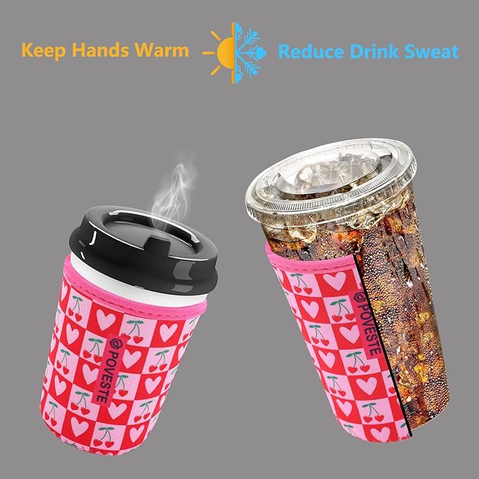 Reusable Neoprene Insulator Sleeve for Iced Coffee & Cold Soda, Coffee Sleeves for Iced & Hot Drinks, Cold Beverage Cooler Compatible with Starbucks, Dunkin (Cherry&Heart, Small: 16-18oz)