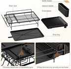 Large Dish Drying Rack, Multifunctional Dish Rack for Kitchen Counter, Expandable Dish Drainers with Drainboard Utensil Holder, Cup Holder, Black