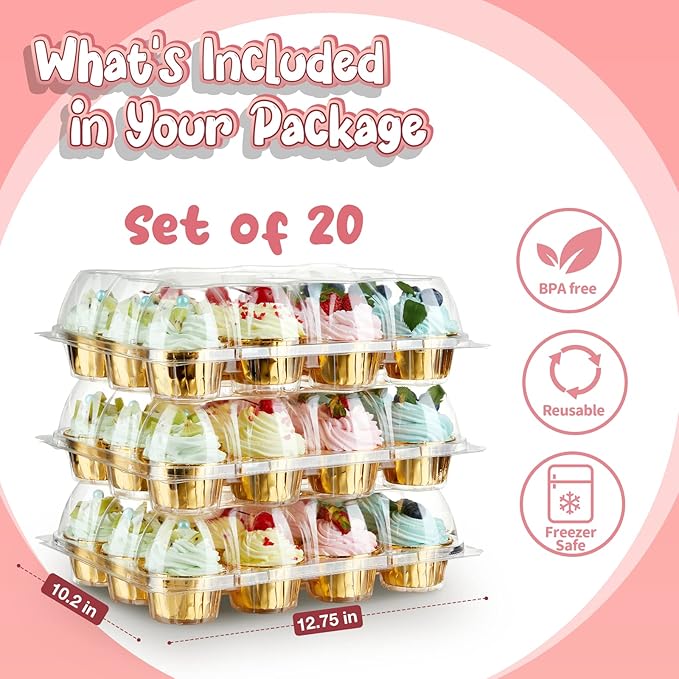 (12 Pack x 20 Sets) Stackable Cupcake Carrier with 240 Pack Liners, Plastic Cupcake Boxes Holders for 12 Cupcakes, High Tall Dome Lid Cupcake Containers, Clear Disposable Cupcake Trays