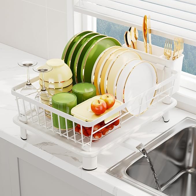 Dish Drainer Rack with Drip Tray, Sink Dish Drainer with Drainage Spout, Stainless Steel Dish Drying Rack with Cups, Utensil & Cutting Board Holders for Kitchen Counter Space-Saving, White
