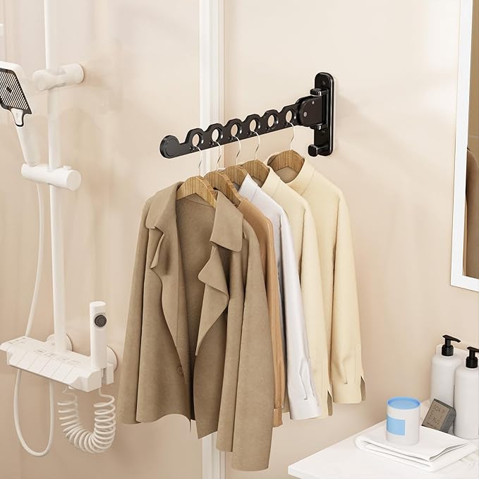 Wall Mounted Clothes Hanger Rack Folding Wall Mounted Clothes Hanger for Laundry with Swing Arm Space Saving Closet Storage Organizer Heavy Duty Coat Hook for Bathroom Bedroom Black 2-Pack