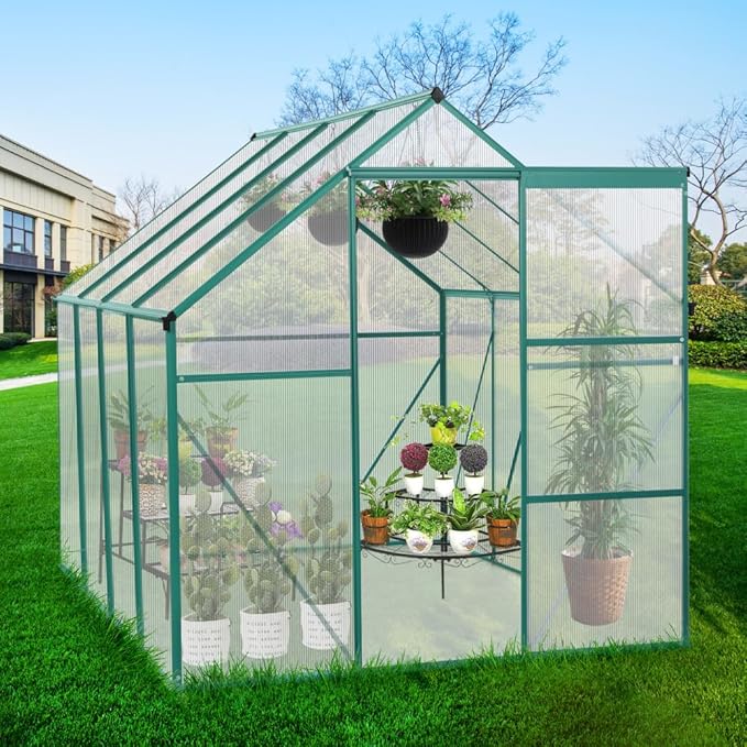 6 x 8 FT Outdoor Patio Greenhouse, Polycarbonate Board, Raised Base, Sliding Door, Adjustable Roof, Window Greenhouse, Anchor Aluminum Heavy Duty Walk-in Greenhouse