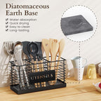 THYGIFTREE Utensil Holder for Kitchen Counter with Diatomaceous Earth Base, Large Black Metal Cooking Tool Organizer with 3 Compartments, Countertop Utensil Holder for Spatula and Kitchen Utensils