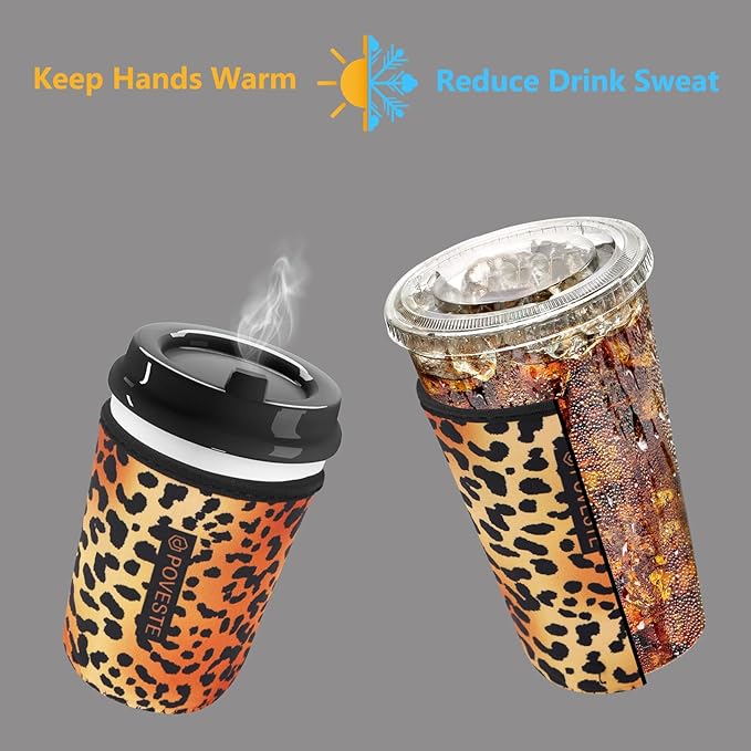 Reusable Neoprene Insulator Sleeve for Iced Coffee & Cold Soda, Coffee Sleeves for Iced & Hot Drinks, Cold Beverage Cooler Compatible with Starbucks, Dunkin (Leopard Walk, Medium: 22-24oz)