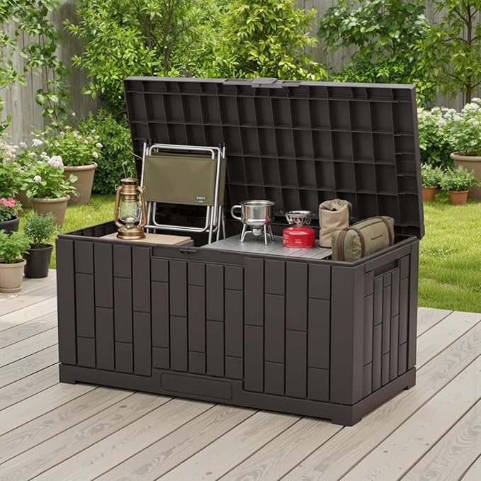DUMOS 60 Gallon Deck Box, UV Resistant Waterproof Storage Bin for Patio Cushions Gardening Tools, Lockable Resin Outdoor Storage Box with Hundles, Brown