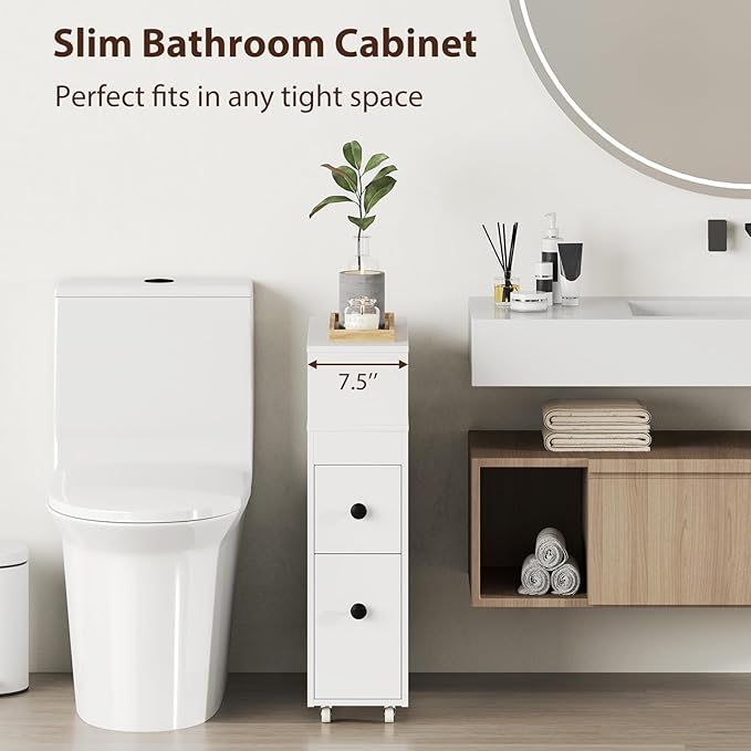 Giantex Small Bathroom Storage Cabinet - Slim Organizer with Wheels, 2 Drawers, 2 Baskets, Brush Holder, Over The Toilet Storage for Skinny Corner, Narrow Spaces