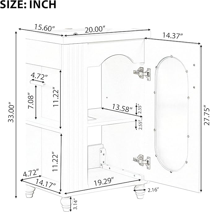 20" Small Bathroom Vanity with Sink and Glass Door, Storage Shelf & Toilet Paper Holder,Solid Wood & MDF Modern Single Bathroom Sink Cabinet with Shelves,Freestanding,White