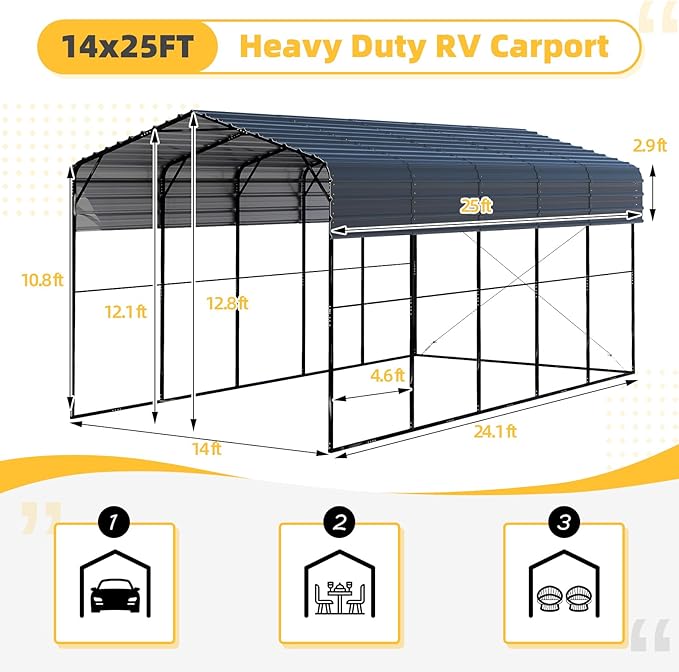 EROMMY 14x25 FT RV Metal Carport with Reinforced Frame, Weather-Resistant Galvanized Roof Shelter for Vehicles, Trucks, Boats, SUVs, Gray