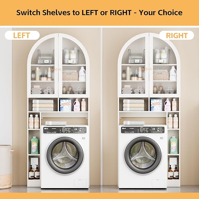 Over The Toilet Storage Cabinet, 29.7”W Modern Storage Cabinet Over Toilet with Acrylic Doors, Arched Freestanding Over Toilet Rack with Adjustable Shelf for Bathroom, White