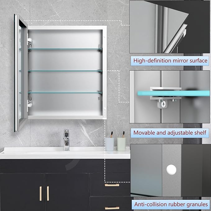 28x28 inch Medicine Cabinet Mirror with Storage, Aluminum Surface Mount or Recessed Medicine Cabinet with Adjustable Shelves for Bathroom Bedroom