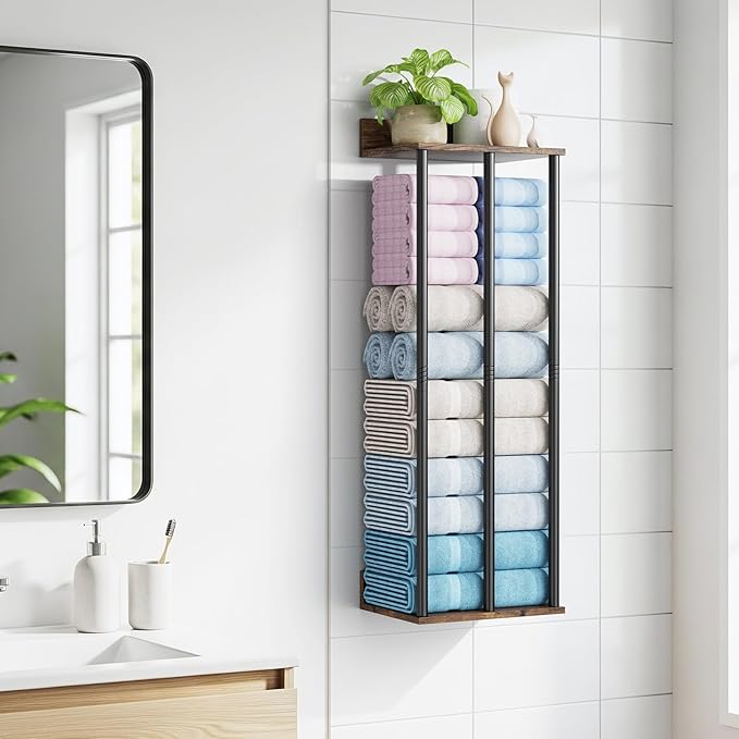 Towel Racks for Bathroom Wall Mounted, Upgraded Bathroom Towel Holder Bath Storage Rack for Rolled Towel, Small Towels, Folded Towels, Rustic Organizer Rack with Shelf, 34Inch