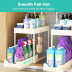 Under Sink Organizers and Storage 2 Pack, Pull-Out Sliding Cabinet Organizer with 2-Tier Storage Shelf & 4 Hooks, Multi-Purpose for Kitchen & Bathroom (13 Inch, White)