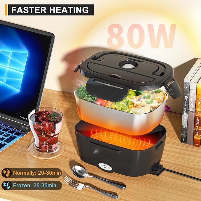 Monteka Electric Lunch Box Food Heater - Leakproof Portable Food Warmer heated lunch box for adults for Car/Home/Truck with 1.5L Removable Stainless Steel Container, White Elephant Gift, 12V/24V/110V