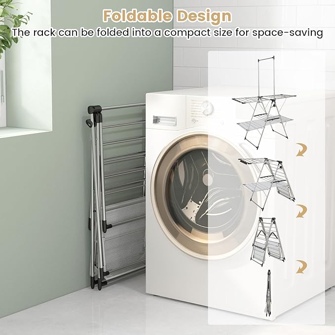 Giantex Clothes Drying Rack, Stainless Steel Foldable Laundry Drying Rack with with 6-Level Adjustable Height, High Hanger Design, Side Clips, Space Saving Collapsible Laundry Drying Rack