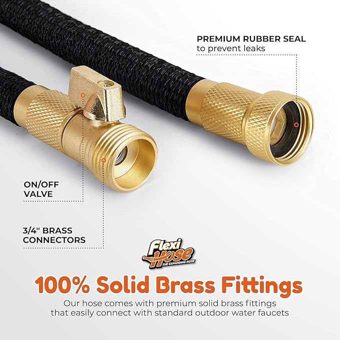 Flexi Hose PLUS with 8 Function Nozzle Expandable Garden Hose, Lightweight & No-Kink Flexible Garden Hose, 3/4 inch Solid Brass Fittings and Double Latex Core, 75 ft Black
