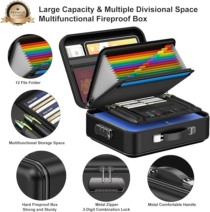 COLCASE Fireproof Document Box with Lock, Hard Fireproof Waterproof Box Creative Hard-Shell Design Fireproof Safe Box Document Organizer for Important Documents Certificates Laptop Passports Black