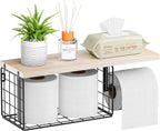 VITVITI Toilet Paper Holder with Shelf, Wall Mounted Toilet Paper Storage Basket, Wood Metal Toilet Roll and Wipes Holder for Bathroom Farmhouse (Natural)