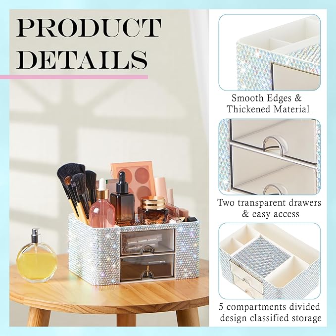 Silver Bling Desk Organizer with 2 Drawer, Sparkly Makeup Organizer for Vanity, Girly Desk Accessories, Rhinestone Pen Holder, Elevate Your Workspace with Silver Serenity (Diamond)