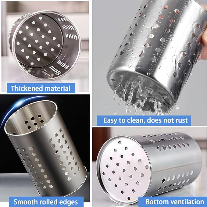 2PCS Stainless Steel Kitchen Utensil Holder, Utensil Caddy & Organizer for Drying Cooking Spoons Utility Sturdy Home Kitchen Daily Use Utensil Drainer (Silver)