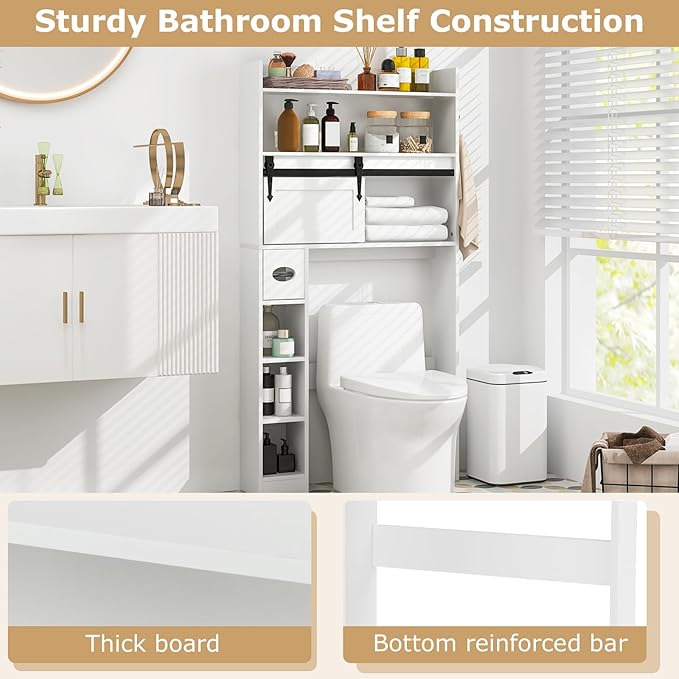 Giantex Over The Toilet Storage Cabinet, Farmhouse Space Saver with Sliding Door, Toilet Paper Holder, Side Hooks & Adjustable Shelves, Over Toilet Bathroom Organizer for Laundry, Restroom (White)